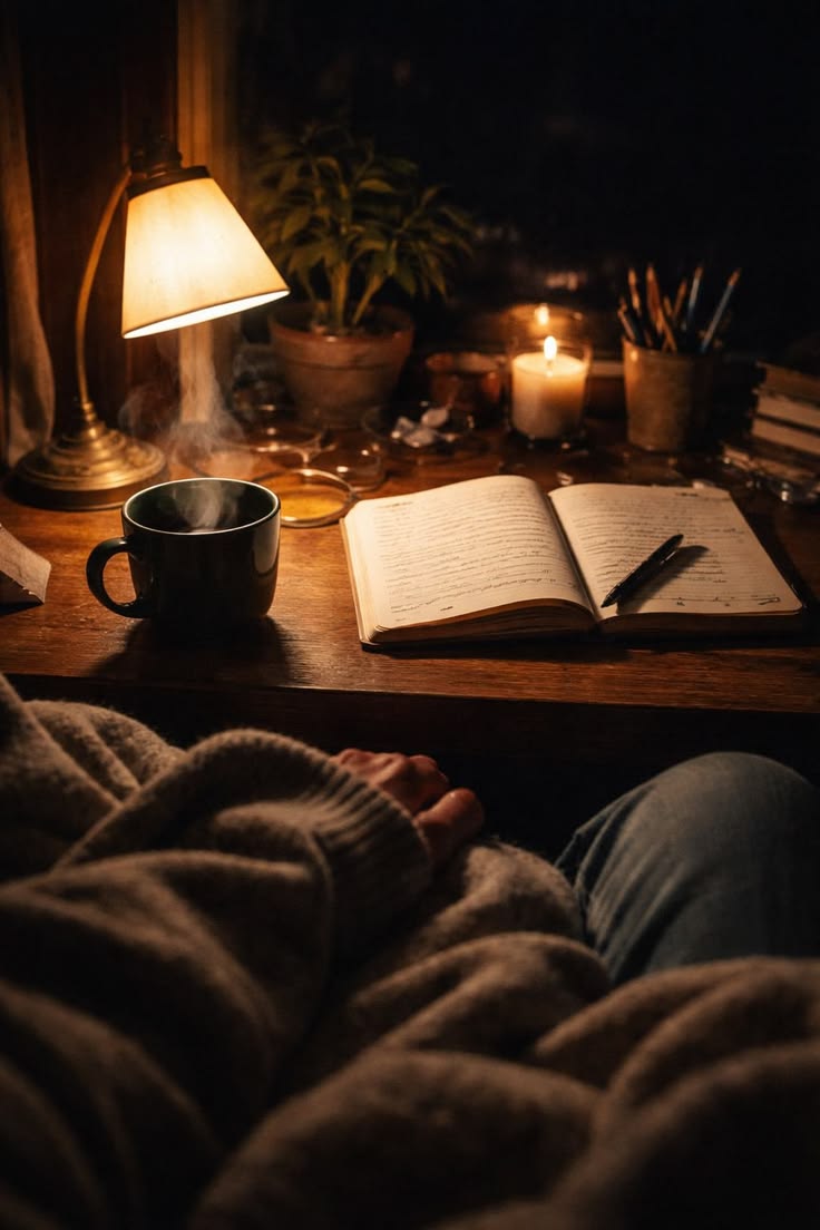 A calm evening workspace with warm lighting, a notebook and a cup of herbal tea — representing the planning stage of a night routine