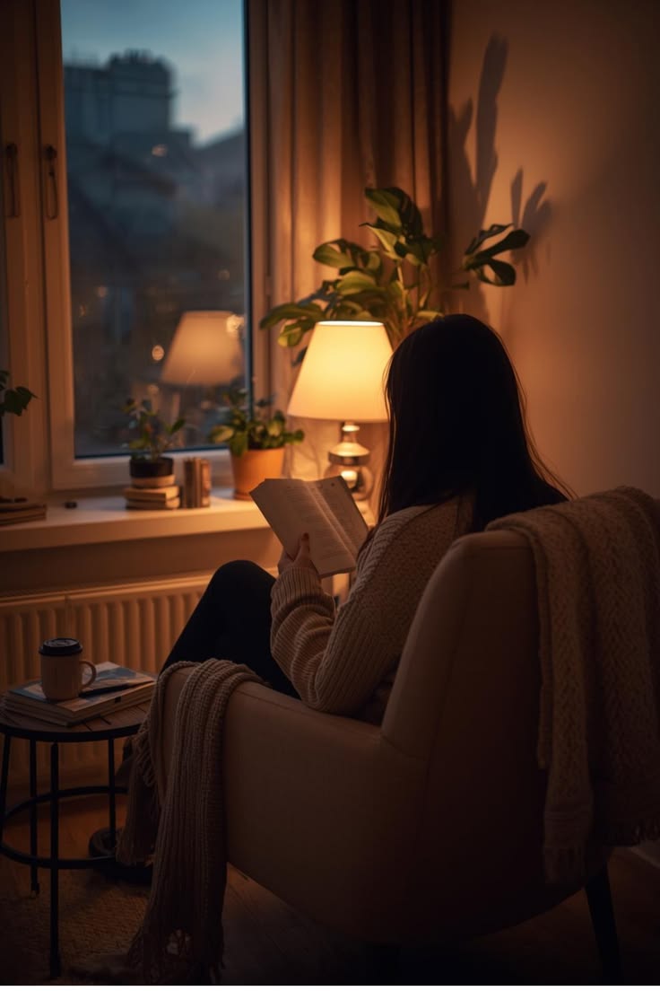 A quiet bedroom corner with a reading lamp, a plant, and a closed notebook — representing a calm and prepared evening environment