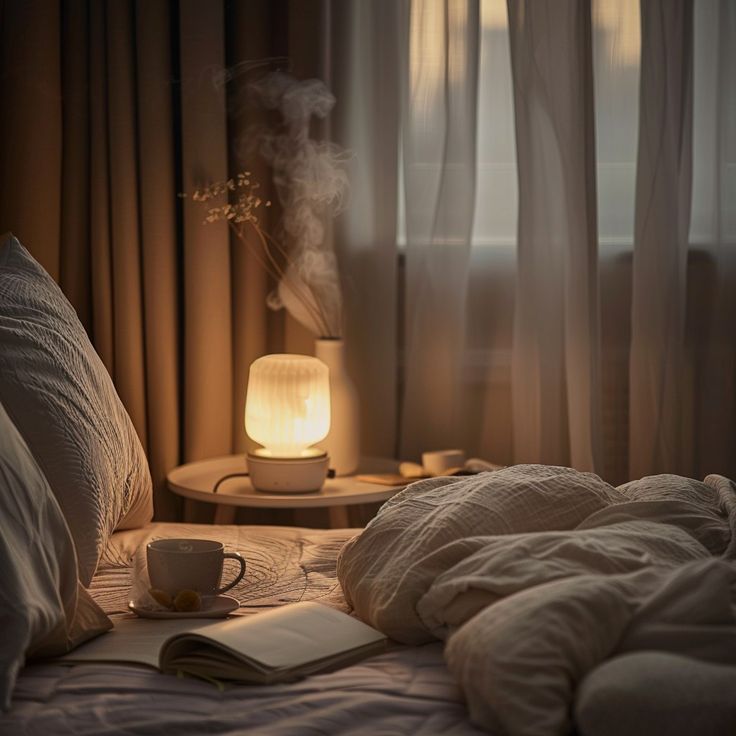 A tidy, minimally lit bedroom with neutral tones, a small lamp, and clear surfaces — illustrating a well-considered sleep environment